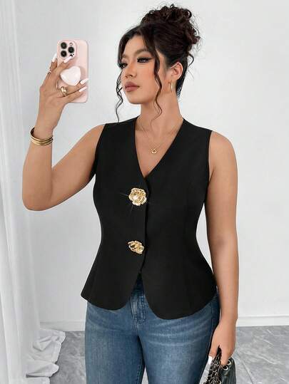 Elenzga Blusa sin mangas con cuello en V y textura de lino sintético, con botones decorativos en color dorado y rosa, cintura ajustada, elegante para ir a trabajar, salir, fiestas y citas, talla grande