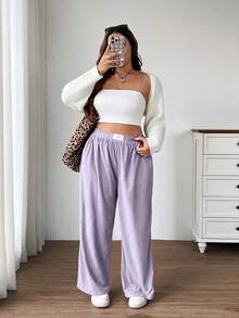 SHEIN EZwear Plus Size Women's High Waist Loose Corduroy Fabric Pants With Pockets And Patch Design, Suitable For Campus, Daily Wear, And Indoor Work, Lavender, Autumn/Winter - Mauve Purple - View 4