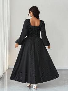Elenzga Damen Große Größen Kleid mit Herzausschnitt, Polka Punkte, Einreiher, Taillenzug und Langarm für Partys - Schwarz - Übersicht 5