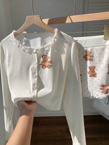 Comfortcana 女士卡通熊单排扣上衣和短裤休闲两件套 - 米色 - 查看 8