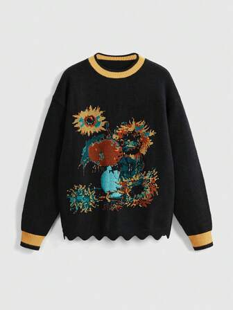 Damen Vintage Ölgemälde-Stil bedruckter Rundhals-Strickpullover