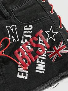 ROMWE Grunge Punk Sports Style UK Flag Patch Contrast Color Drawstring Design Super Low Waist Denim Bodycon Mini Skirt - Black - View 4