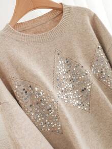 Plus Size Women's Elegant Luxury Sequin Embellished Simple Pullover Knit Sweater In Fall/Winter - Camel - View 3