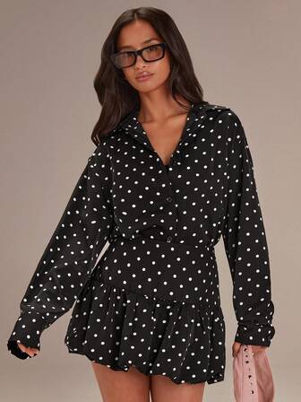 Athîral 女士休闲波点长袖衬衫和裙子套装