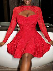 Slaydiva Váy ngắn chữ A dáng chữ A rộng, cổ khoét sâu, tay dài, chất liệu vải ren họa tiết Giáng sinh màu đỏ mới 2025 dành cho nữ, thích hợp cho các buổi tụ họp, tiệc tùng, câu lạc bộ gợi cảm, năm mới, lễ hội, giáng sinh, hẹn hò, du lịch hàng ngày, du lịch, mua sắm, trang phục sân bay, trang phục dự tiệc sáng muộn, trang phục khách dự tiệc cưới, tiệc sinh nhật, họp thường niên, tiệc chiêu đãi, ngày lễ tình nhân, đám cưới-A - Đỏ - Xem 3