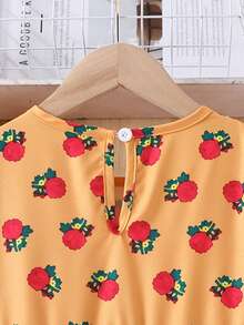 中东风格女童碎花及膝连衣裙，圆领，蕾丝边饰，荷叶边袖口 - 黃色 - 查看 5