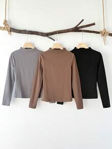 Tseoso 3 件 95% 纯棉纯色休闲百搭高领长袖 T 恤女款，黑色、灰色和棕色，秋冬优雅、正式、休闲、舒适别致、修身百搭，百搭 - 彩色 - 查看 4
