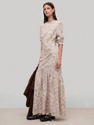 Nöista Langes Kleid mit langen Ärmeln, ausgestelltem Rock, rundem Ausschnitt, abstraktes Muster. Kleider für Partys, Frauen, Weihnachten oder Frühling-Sommer Look