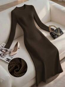 Franclia 女士条纹纹理优雅圆领中长连衣裙 - 深棕色 - 查看 3