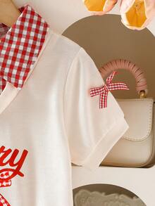 Elladie kids 2pcs/Set Toddler Girls' Short Sleeve Blouse & Plaid Skirt Set, Apricot Shirt With Cherry & Letter Print, Paired With Plaid Mini Skirt, Sweet & Fashionable Casual Summer Outfit