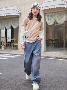 SHEIN Mirajuku Tween Boy Retro Basic Loose Straight-Leg Denim Jeans Chic Outfits For Autumn/Winter - Medium Wash - View 3