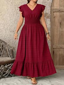 SHEIN LUNE Váy dài vải họa tiết cỡ lớn cho nữ, váy mùa hè, trang phục tốt nghiệp ngày 4 tháng 7 màu trắng - Màu Đỏ Sâu - Xem 3