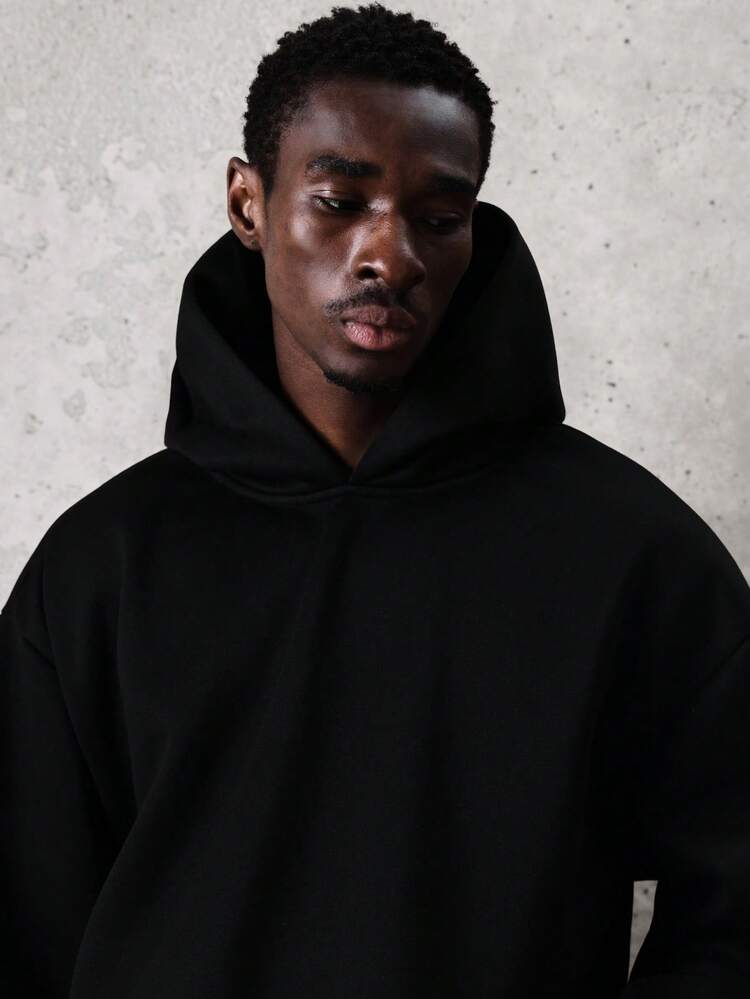 SUMWON Essentials Oversized Pullover Hoodie And Wide Leg Sweatpants Set With Centre Pocket And Drawstring Hood Plain - Black - View 6