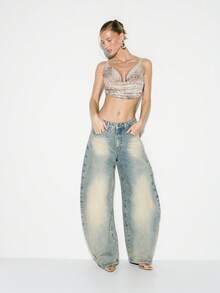 KIZN 阔腿高腰浅色水洗牛仔裤，做旧漂白裂纹效果，休闲阔腿裤款式 - 藍色 - 查看 4