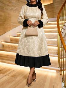 Fleurora 大码压纹撞色滚边圆领优雅长袖连衣裙 - 金色 - 查看 6