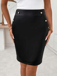 Editum 女式黑色人造皮革弹力优雅铅笔裙，配金色纽扣，百搭工作装 - 黑色 - 查看 5