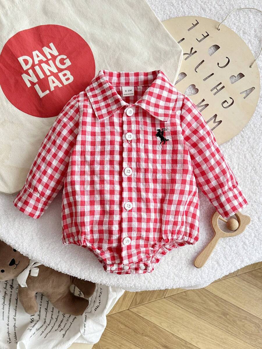 Playful Pals Boys' Casual Jacquard Classic Plaid Collar Front Zip Embroidered Long Sleeve Bodysuit, Spring/Autumn