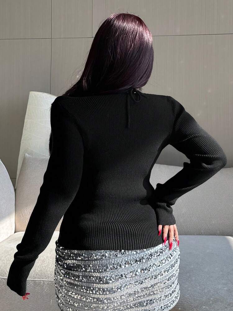 Dazy Plus Valentine Solid Color Rhinestone Patchwork Slim Fit Turtleneck Long Sleeve Pullover Sweater, Suitable For Banquet, Date, Party, Autumn/Winter