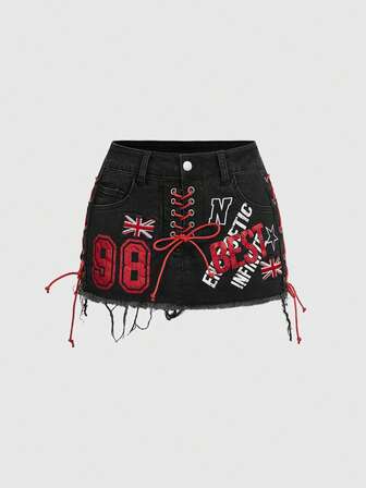 Grunge Punk Minifalda ajustada de mezclilla con diseño de cordón y parche con estilo de bandera del Reino Unido en contraste de color y talle súper bajo