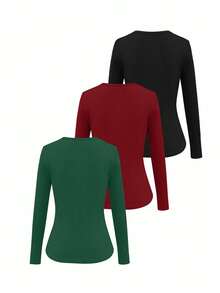 SHEIN LUNE Women's Solid Color Scoop Neck Long Sleeve Fitted Ribbed Casual T-Shirt - Multicolor - View 2