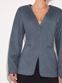 COSMINA Women's Elegant Deep V Waist Suit Blazer, Grey, Autumn, Casual, Work, Business , Office Attire - Blue - View 7