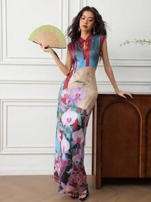 EastFlair 女士印花系领修身优雅连衣裙 - 彩色 - 查看 4