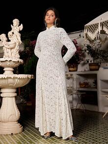 VOLUPTÉ CURVE Đầm dài tay ôm eo màu trắng ngà/kem dệt kim ren rỗng cổ điển thanh lịch, cỡ lớn, phù hợp cho ngày Valentine, mùa xuân/hè. - Màu be - Xem 7