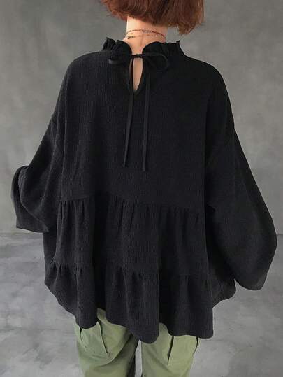 FRIFUL 纯色立领，后颈系带，腰部拼接褶皱纹理面料宽松休闲百搭T恤