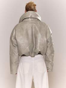 MUSERA Thick Padded Fold Over Collar Faux Leather Jacket Night Out Autumn Fall Winter Back To School Everyday Outerwear - Apricot - View 2