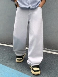 SHEIN 青少年男孩时尚返校节街头服饰混搭百搭设计复古酷炫街头宽松舒适清爽，以及返校节街头服饰混搭百搭设计基础款白色牛仔宽松牛仔裤，适合日常穿着以及春夏锐舞节和街头服饰。 - 白色 - 查看 4
