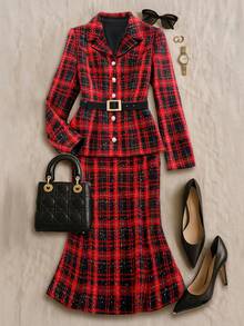 Amorya Women's Elegant Red And Black Plaid Blazer Top & Fish Tail Skirt 2 Pieces Set,Autumn Office Tweed Suit For Christmas,New Year & Valentine's Day Outfit - Multicolor - View 4