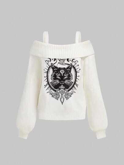 Goth Maglione lavorato a maglia con scollo a spalla scoperta e ricamo a gatto per donna