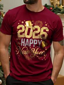 Manfinity Homme 男士休闲新年标语印花圆领短袖T恤，夏季 - 酒紅色 - 查看 2