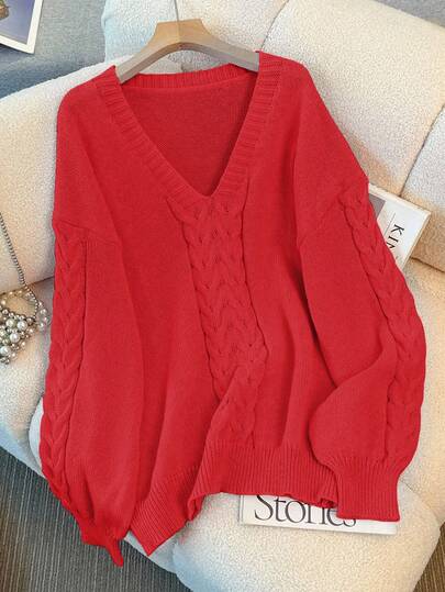 GlowEve CURVE Sweter damski w dużym rozmiarze, dzianinowy, z dekoltem w serek, dopasowany, swobodny, codzienny, uniwersalny, ściągany sznurkiem, jednostronny, rękodzielniczy, w jednolitym kolorze, zimowy