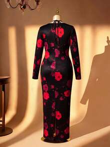 DreamSkyne Plus Size Women's Black And Red Floral Print Maxi Dress,Elegant Long Sleeve Cowl Neck Mermaid Gown,Milk Silk Rose Dress For Autumn Party,Gatherings - Black - View 2