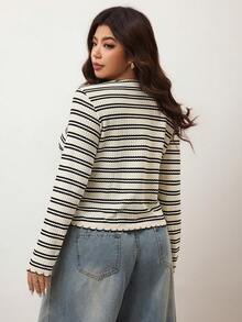 Enliva Áo thun cổ tròn dáng rộng kẻ sọc thường ngày cỡ lớn dành cho nữ, đa năng cho mùa hè - Đen và trắng - Xem 2