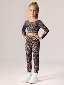 Young Girls Activewear Summer Gym Set,Colorful Pattern Bright Vivid Long Sleeve Top With Cutout Back Design&Pants Set For Gymnastics Training,Daily - Pink - View 5