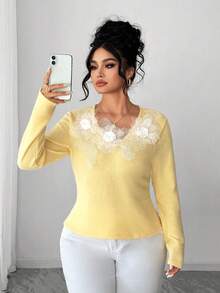 Elenzga Blusa feminina plus size minimalista de malha grossa com gola redonda e mangas compridas, com apliques decorativos, preta. - Amarelo - Ver 7