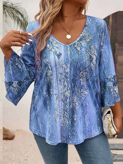 Plus Size Women Casual Digital Print Sweetheart Neck 3/4 Sleeve T-Shirt Graphic Tees Women Tops Women Blouses Plus Size Boho Blouses Boho Tops Plus Size Boho Shirts Women Casual Blouse