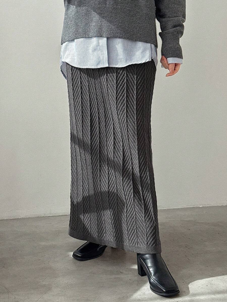 FRIFUL 女士弹力腰时尚休闲百搭针织鱼尾半身裙，秋冬款 - 灰色 - 查看 1