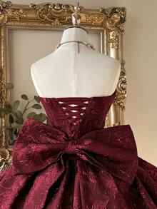 Lovelzi Elegant Wine Red Jacquard Fabric Strapless Flared Mini Dress,Detachable Bow Decor At Back,Suitable For Graduation,Wedding,Party,Ball & More - Burgundy - View 5