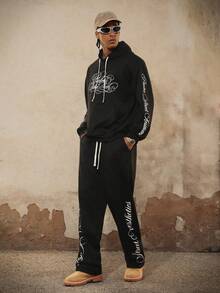 PAVTROS Bộ quần dài và áo hoodie in họa tiết tối giản dành cho nam, nam, rộng thùng thình, tốt nhất, bạn trai, mùa hè, kỳ nghỉ, Y2k, cổ điển, bạn bè, bộ đồ quần dài màu đen in họa tiết phong cách cổ điển cỡ lớn - màu đen - Xem 3