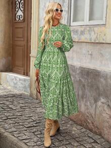 Brillora Váy chữ A cổ tròn in họa tiết phong cách Bohemian dành cho nữ, thích hợp cho các buổi đi chơi và nghỉ dưỡng, mùa Thu/Đông - màu xanh lá - Xem 4