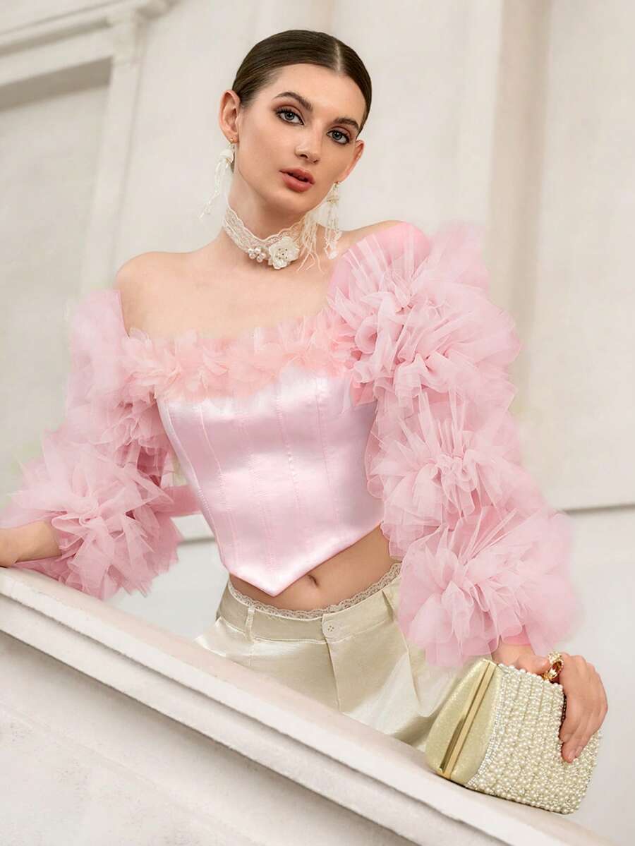 Elenzga 女士法式极简粉色鱼骨性感派对3D花卉优雅抹胸上衣 - 粉色 - 查看 1