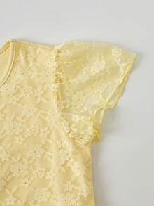 Tween Girls Sweet Style Yellow Lace A-Line Cap Sleeve Dress, Lightweight For Spring/Summer, Suitable For Holidays And Everyday Wear - Yellow - View 5