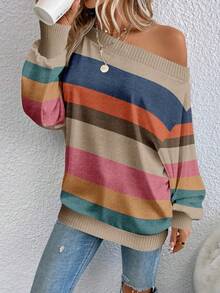 EMERY ROSE Plus Size Women's Colorblock Off-Shoulder Casual Pullover Sweater, Suitable For Parties, Autumn/Winter Spring