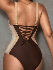 Shapewave Women's One-Piece Swimsuit, Color Block Design, Underwire Cups, Backless Tie Strap, Tummy Control, Suitable For Beach, Vacation In Summer - Multicolor - View 4