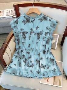 GlowEve CURVE Áo kiểu nữ cỡ lớn mùa hè mới kiểu Trung Quốc in hình bướm, phong cảnh và hoa, tay bồng hai lớp, cổ tròn, viền bèo nhún, dáng rộng thoải mái, ngọt ngào, chất liệu chiffon. - Màu xanh nhạt - Xem 2