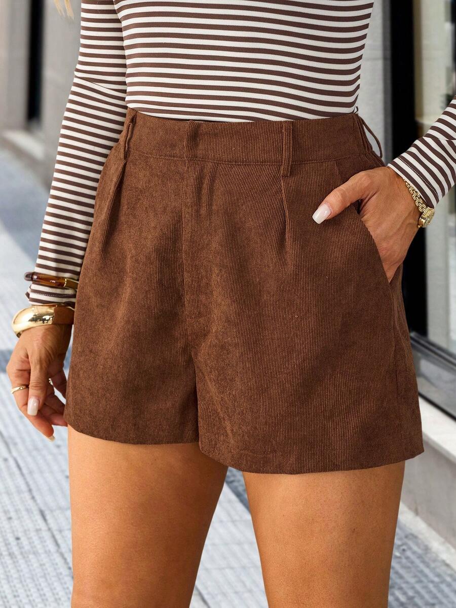 Solivie Quần short nhung kẻ nữ kiểu dáng thường ngày có túi, màu nâu, thích hợp cho đi làm, đi chơi và tụ họp, quần short nâu mùa thu/đông dành cho nữ, quần short nữ kiểu túi giấy, quần short mùa hè cho nữ, quần short vải lanh cho nữ, quà tặng năm mới - Cà phê nâu - Xem 1