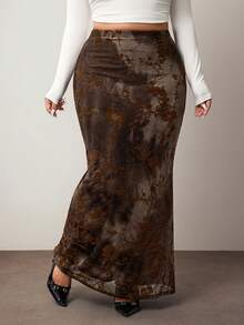 Hourglow Falda lápiz con estampado floral y teñido anudado para mujer de talla grande, para figura de reloj de arena/2026/Año Nuevo - Marrón - Ver 4